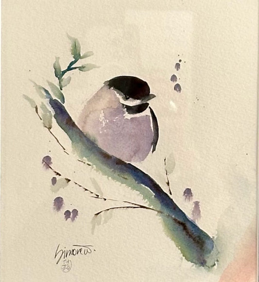 "ASKIAN BLACK CAPPED CHICKADEE WITH BLUE MAT" Original Watercolor/Framed