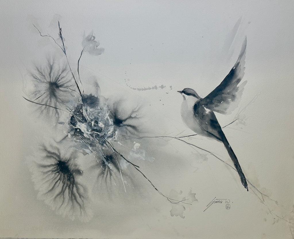 "CEDAR WAX WING WITH FLOWERS" Original Watercolor/Framed