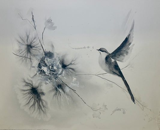 "CEDAR WAX WING WITH FLOWERS" Original Watercolor/Framed