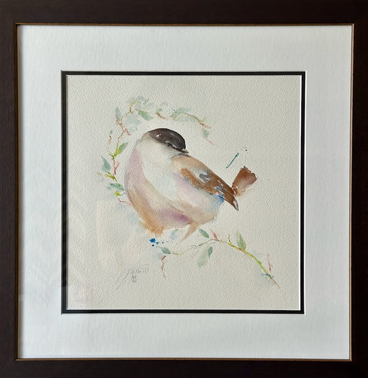 "BLACK CAPPED CHICKADEE WITH FLORAL RING" Original Watercolor/Framed