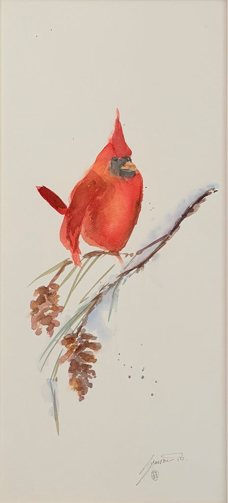 "CARDINAL WITH PINE CONES" ORIGINAL WATERCOLOR/FRAMED