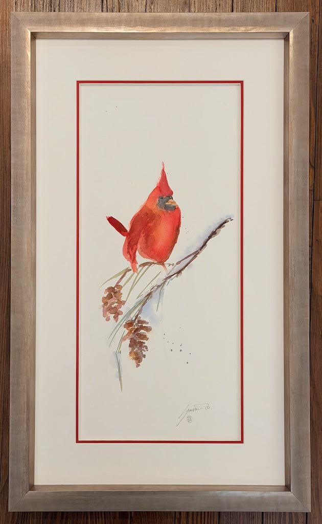 "CARDINAL WITH PINE CONES" ORIGINAL WATERCOLOR/FRAMED