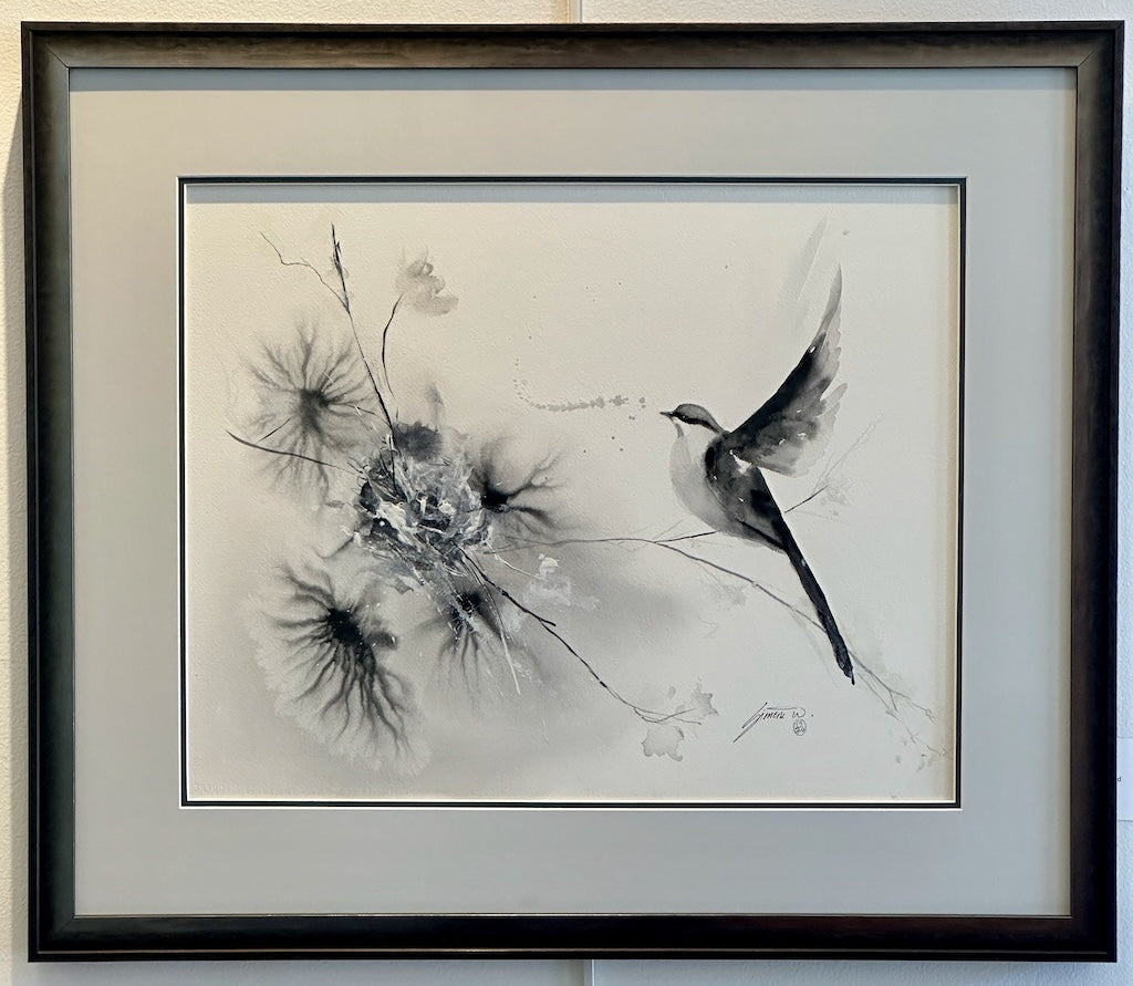 "CEDAR WAX WING WITH FLOWERS" Original Watercolor/Framed