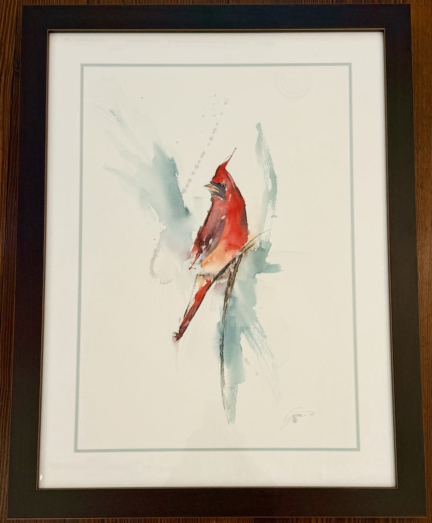 "COMTEMPORARY CARDINAL" ORIGINAL WATERCOLOR/FRAMED