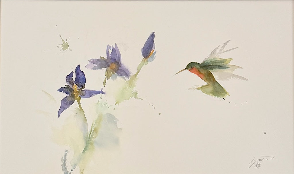 "HUMMINGBIRD WITH IRISES" ORIGINAL WATERCOLOR/FRAMED