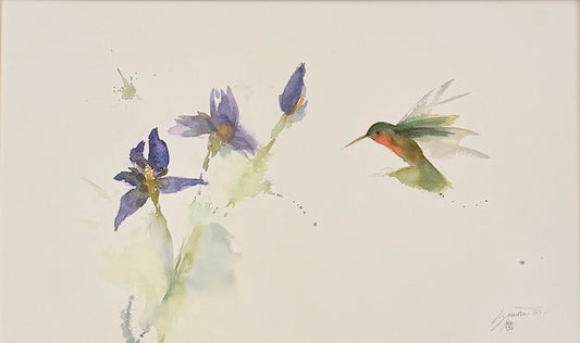 "HUMMINGBIRD WITH IRISES" ORIGINAL WATERCOLOR/FRAMED