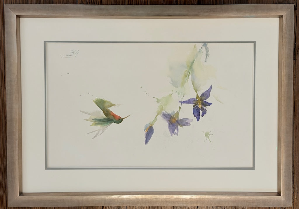 "HUMMINGBIRD WITH IRISES" ORIGINAL WATERCOLOR/FRAMED