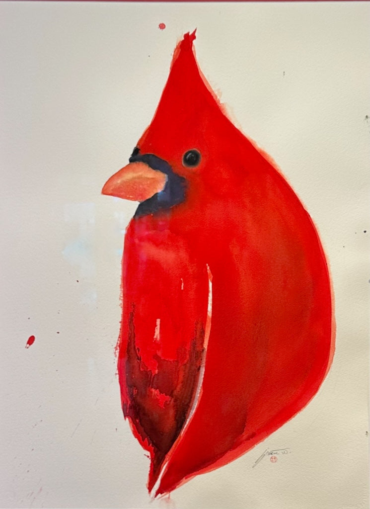 "LARGE RED CARDINAL WITH RED MAT" Original Watercolor/Framed