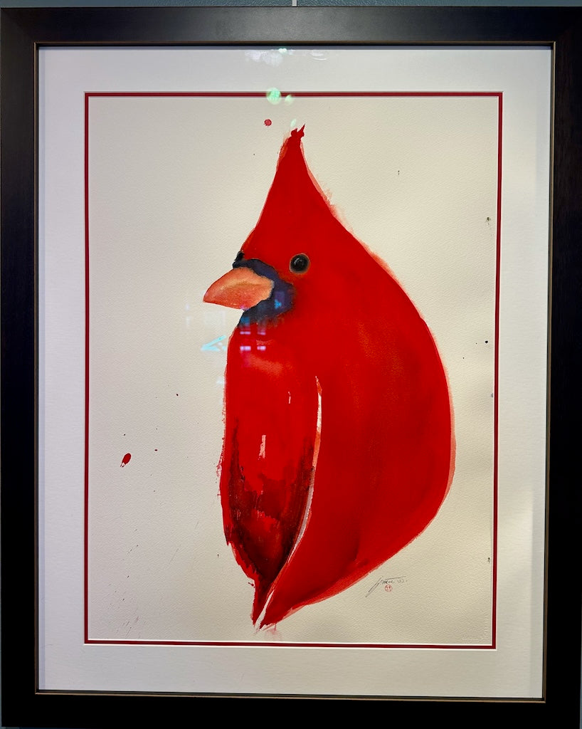 "LARGE RED CARDINAL WITH RED MAT" Original Watercolor/Framed