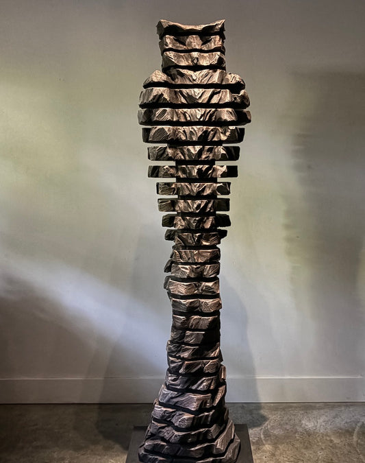 "SENTINEL XII" HAND CARVED MIXED WOOD WITH METAL COATINGS SCULPTURE