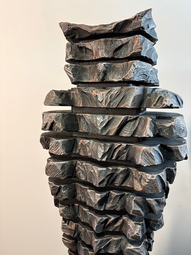 "SENTINEL XII" HAND CARVED MIXED WOOD WITH METAL COATINGS SCULPTURE