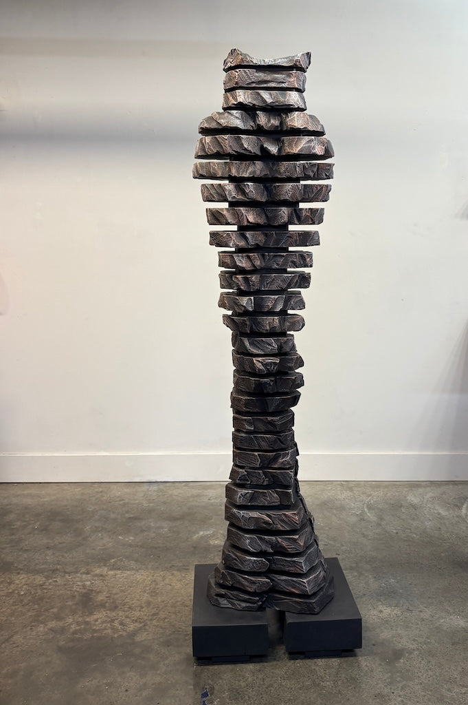 "SENTINEL XII" HAND CARVED MIXED WOOD WITH METAL COATINGS SCULPTURE