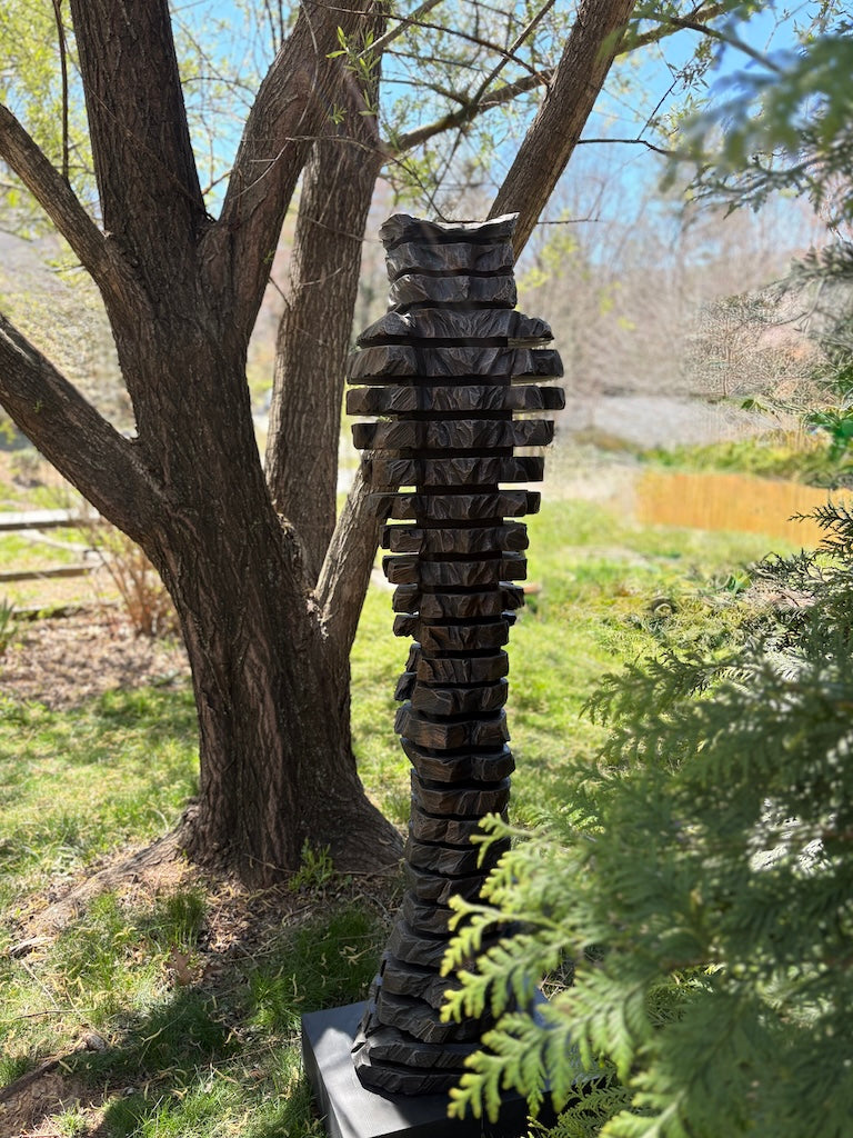 "SENTINEL XII" HAND CARVED MIXED WOOD WITH METAL COATINGS SCULPTURE
