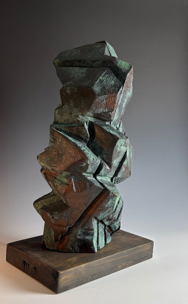 "SOLARA" HAND CARVED SPRUCE SCULPTURE WITH OXIDIZED BRONZE COATING