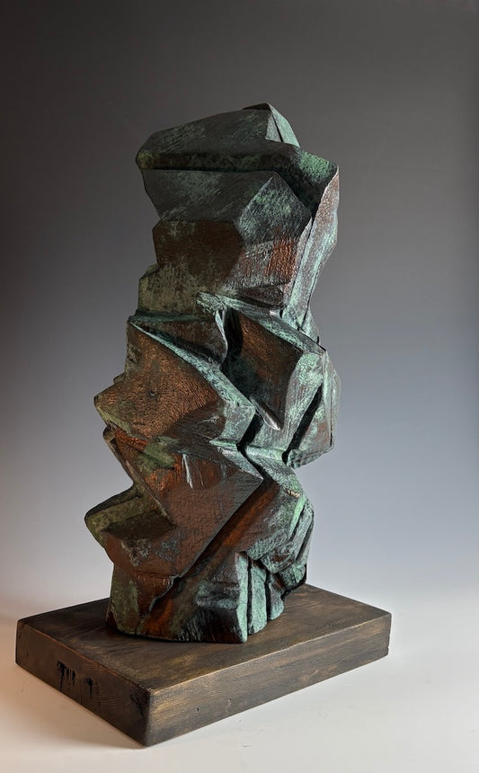 "SOLARA" HAND CARVED SPRUCE SCULPTURE WITH OXIDIZED BRONZE COATING