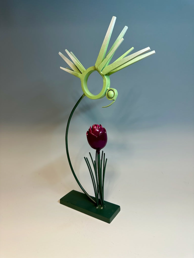 "BIRDS OF A FEATHER WITH MAGENTA TULIP" HAND FORGED METAL SCULPTURE