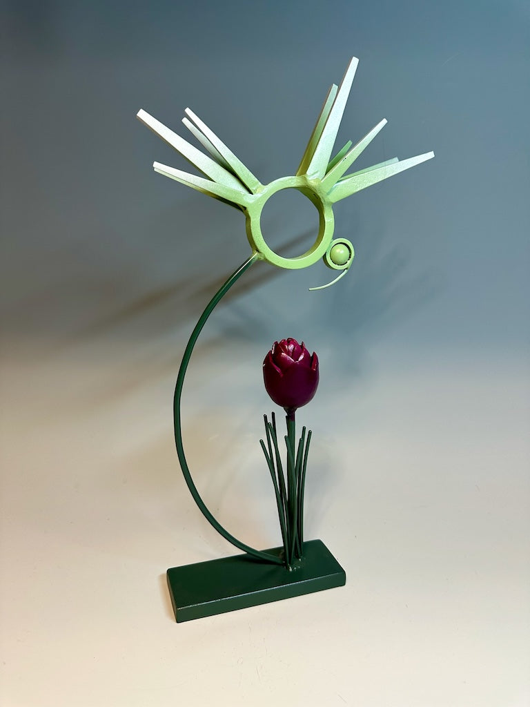 "BIRDS OF A FEATHER WITH MAGENTA TULIP" HAND FORGED METAL SCULPTURE