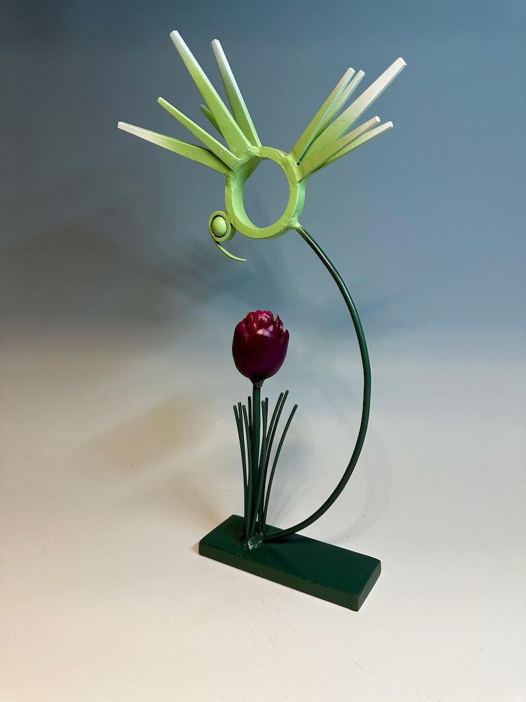 "BIRDS OF A FEATHER WITH MAGENTA TULIP" HAND FORGED METAL SCULPTURE