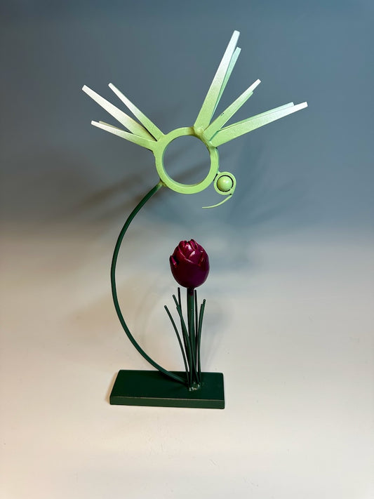 "BIRDS OF A FEATHER WITH MAGENTA TULIP" HAND FORGED METAL SCULPTURE