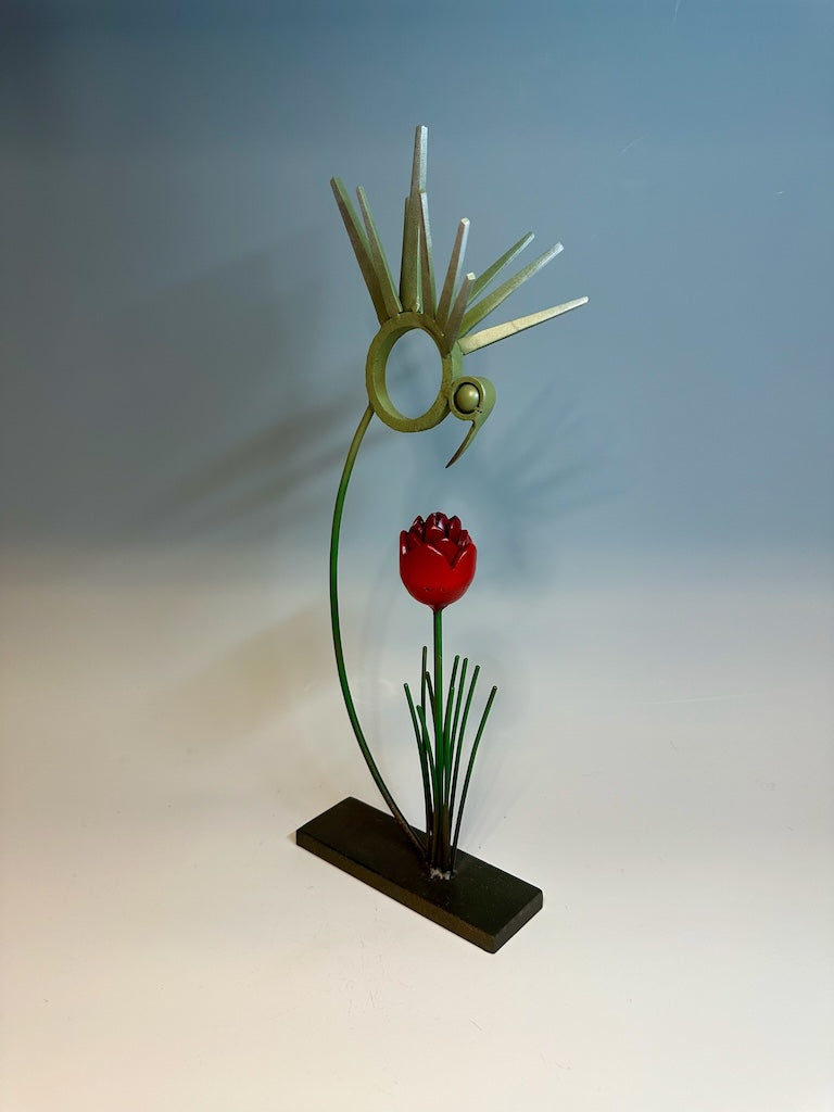 "BIRDS OF A FEATHER WITH RED TULIP" HAND FORGED METAL SCULPTURE