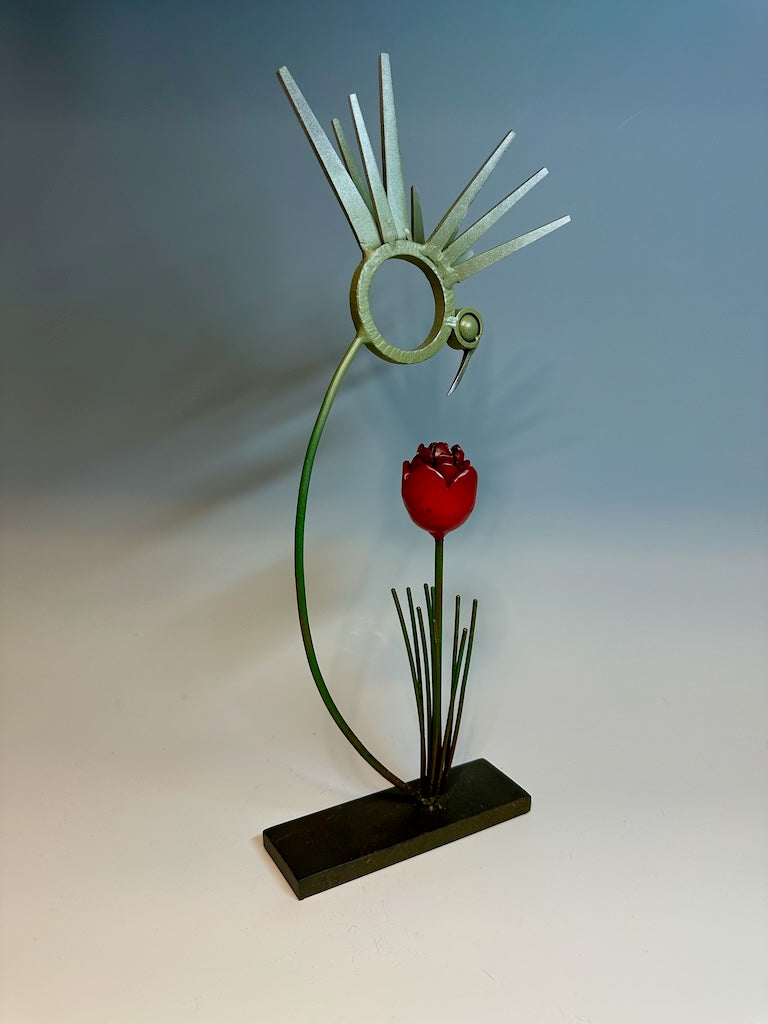 "BIRDS OF A FEATHER WITH RED TULIP" HAND FORGED METAL SCULPTURE