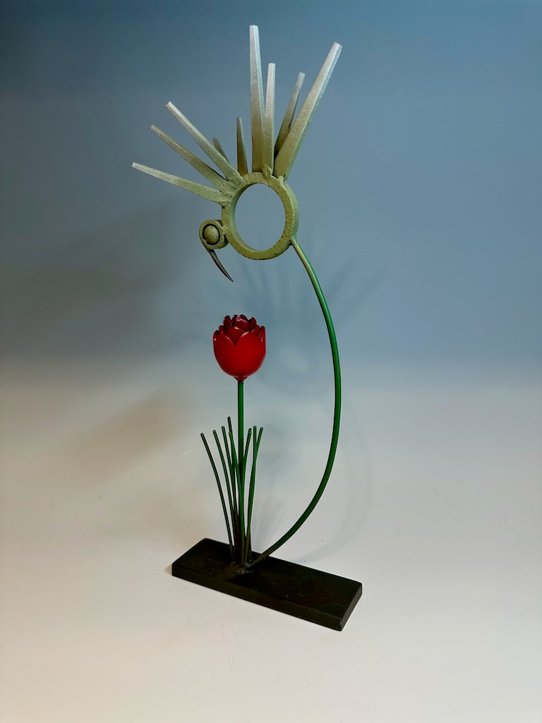 "BIRDS OF A FEATHER WITH RED TULIP" HAND FORGED METAL SCULPTURE