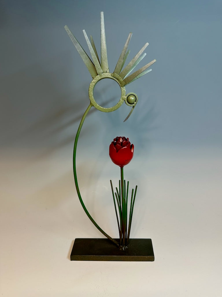 "BIRDS OF A FEATHER WITH RED TULIP" HAND FORGED METAL SCULPTURE