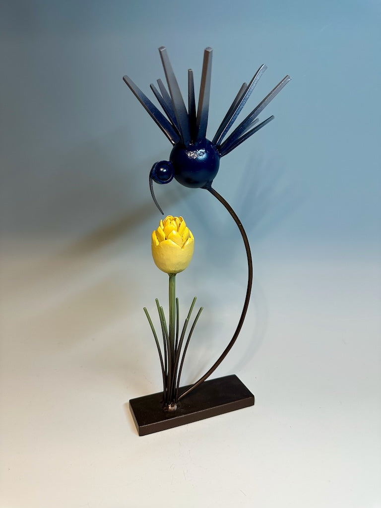 "BIRDS OF A FEATHER WITH YELLOW TULIP" HAND FORGED METAL SCULPTURE