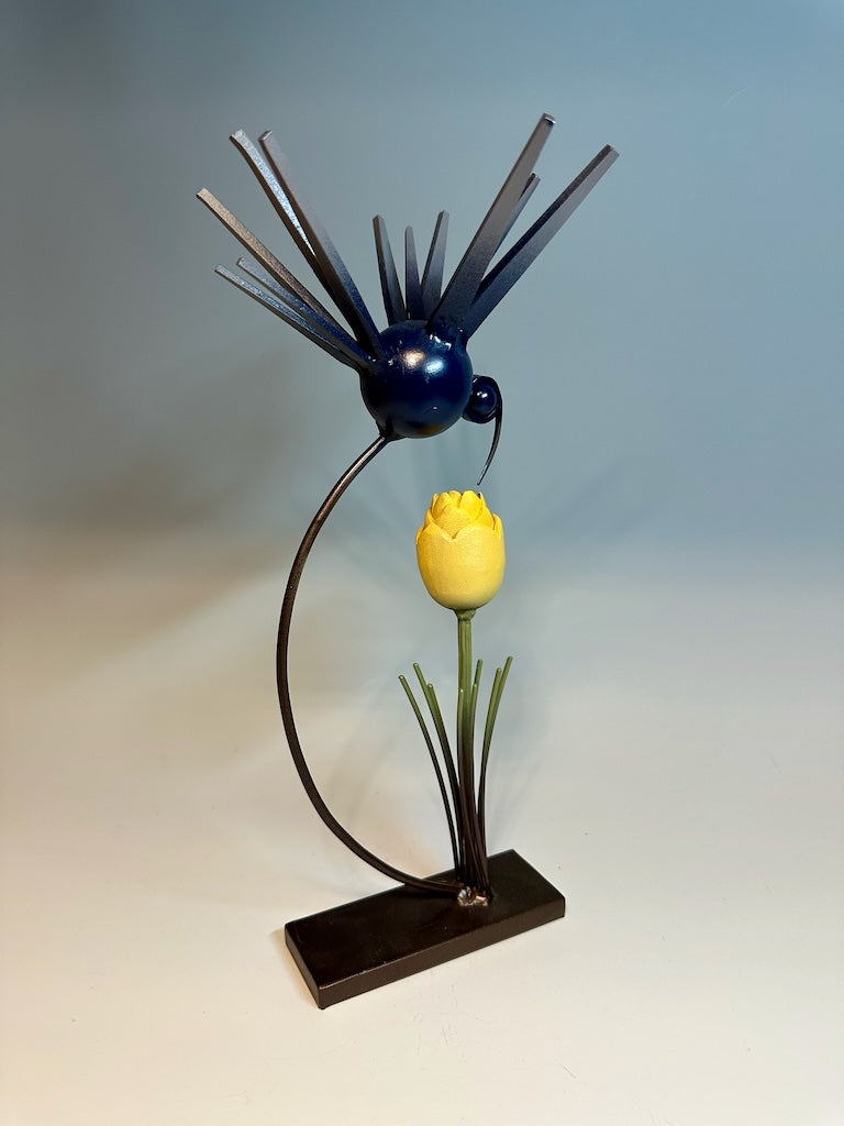 "BIRDS OF A FEATHER WITH YELLOW TULIP" HAND FORGED METAL SCULPTURE