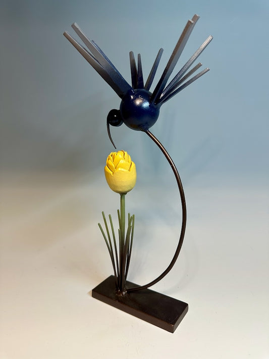 "BIRDS OF A FEATHER WITH YELLOW TULIP" HAND FORGED METAL SCULPTURE