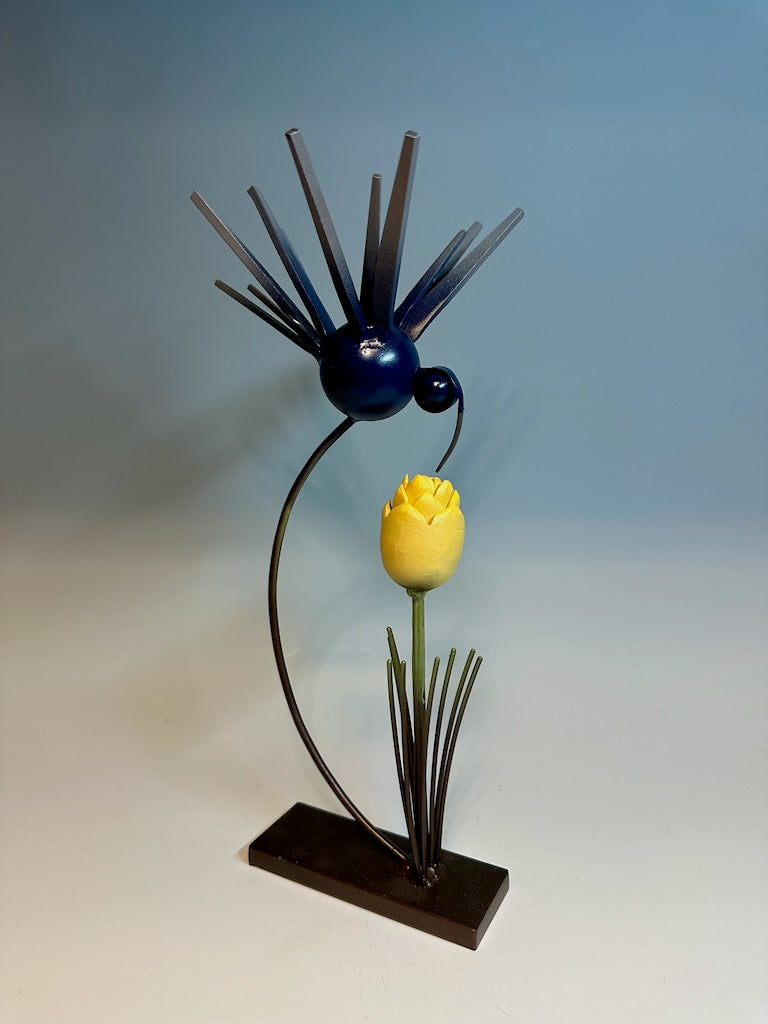 "BIRDS OF A FEATHER WITH YELLOW TULIP" HAND FORGED METAL SCULPTURE