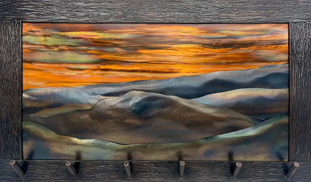 "MOUNTAIN SUNSET 2.2"  HAND FORGED METAL WALL HANGING WITH HOOKS