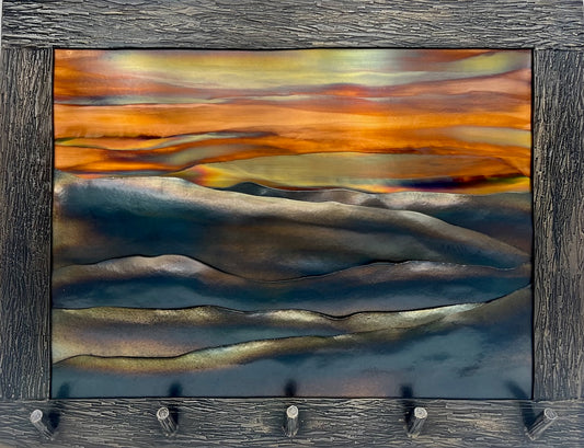 "MOUNTAIN SUNSET 2.1"  HAND FORGED METAL WALL HANGING WITH HOOKS