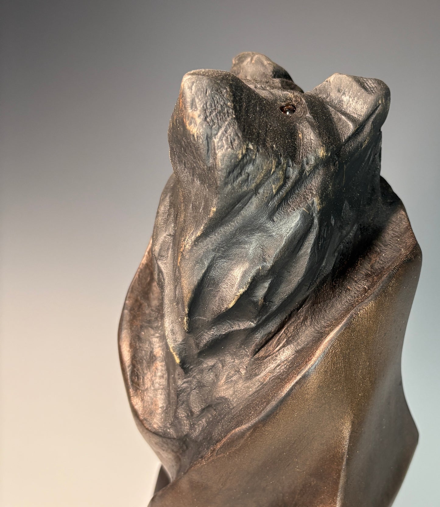 "TALL BEAR IN LONG ROBE II" HAND CARVED WHITE PINE BRONZE SCULPTURE