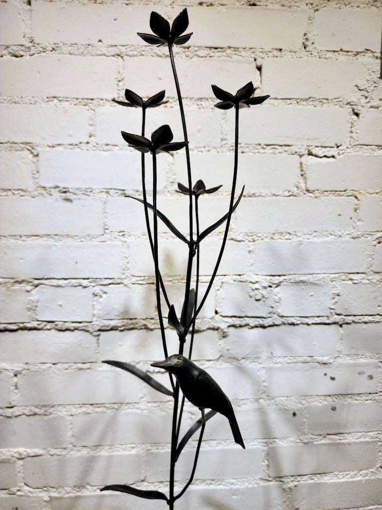 TALL BLACK FIELD STUDY W/ WREN HAND FORGED METAL SCULPTURE