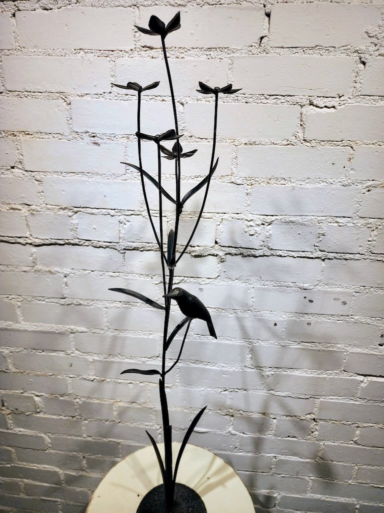 TALL BLACK FIELD STUDY W/ WREN HAND FORGED METAL SCULPTURE