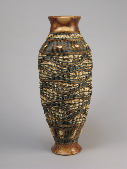 "TEAL BIRDS IN FLIGHT" Mixed Media Basket with Hand Turned Walnut Top and  Wood Base