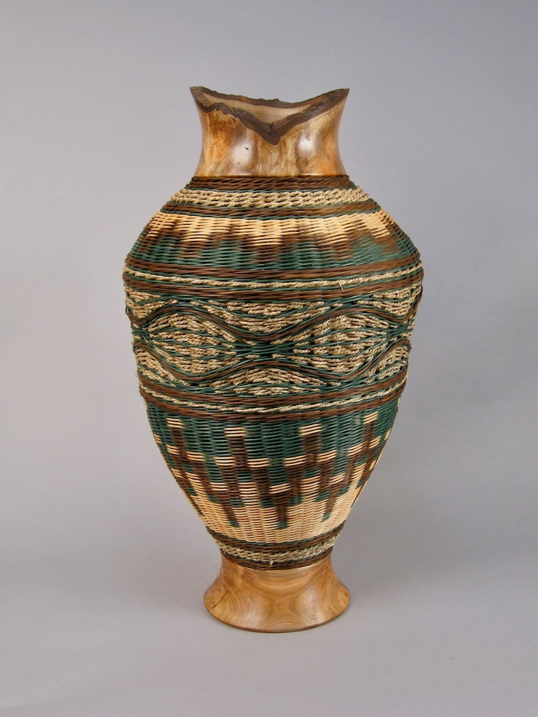 TEAL ILLUSION WITH MAPLE BURL MIXED MEDIA BASKETRY