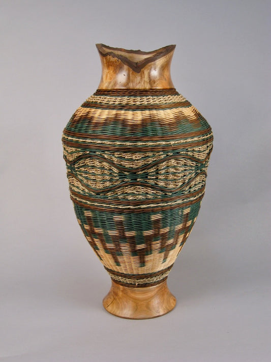 TEAL ILLUSION WITH MAPLE BURL MIXED MEDIA BASKETRY