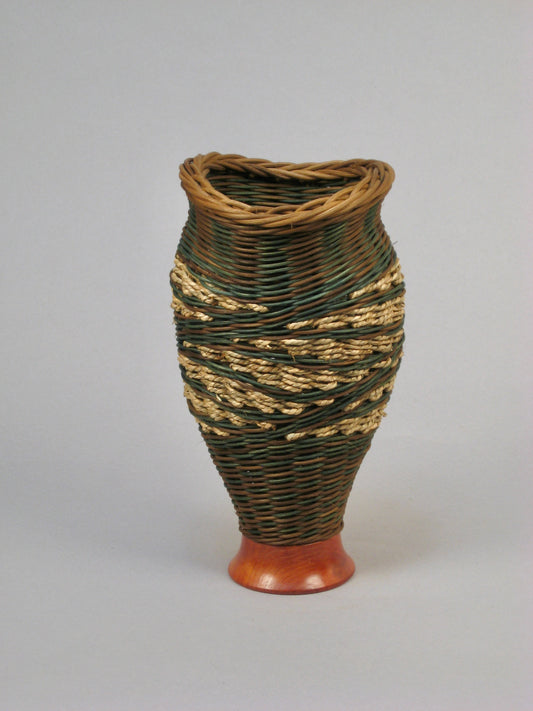 TEAL SPIRAL HILLS MIXED MEDIA BASKET WITH CEDAR BASE