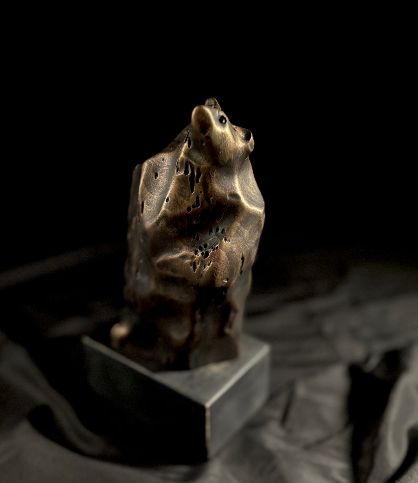 "THE ORATOR" MAPLE, SHOU SUGI BAN & ACRYLICS WOOD SCULPTURE