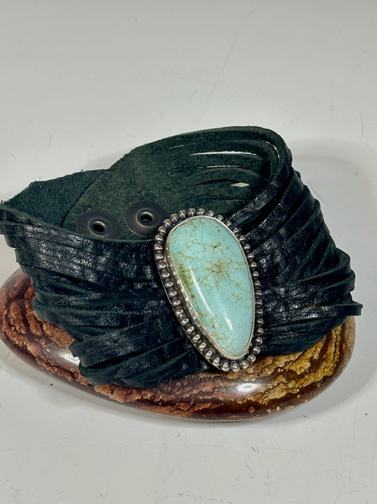 LIGHT BLUETURQUOISE BLACK LEATHER BRACELET SET IN STERLING SILVER  WK100