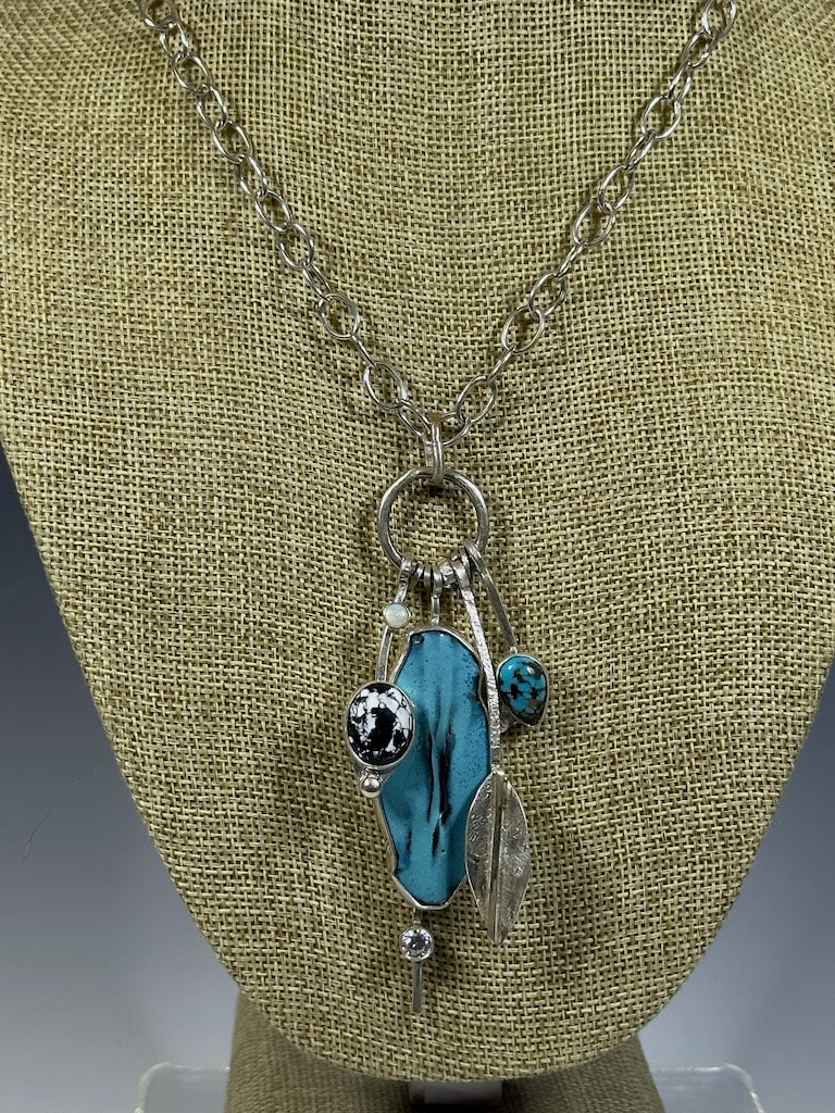 BLUE ENAMEL CHARM NECKLACE WITH WHITE BUFFALO, TURQUOISE, WHITE SAPPHIRE AND OPAL WK105