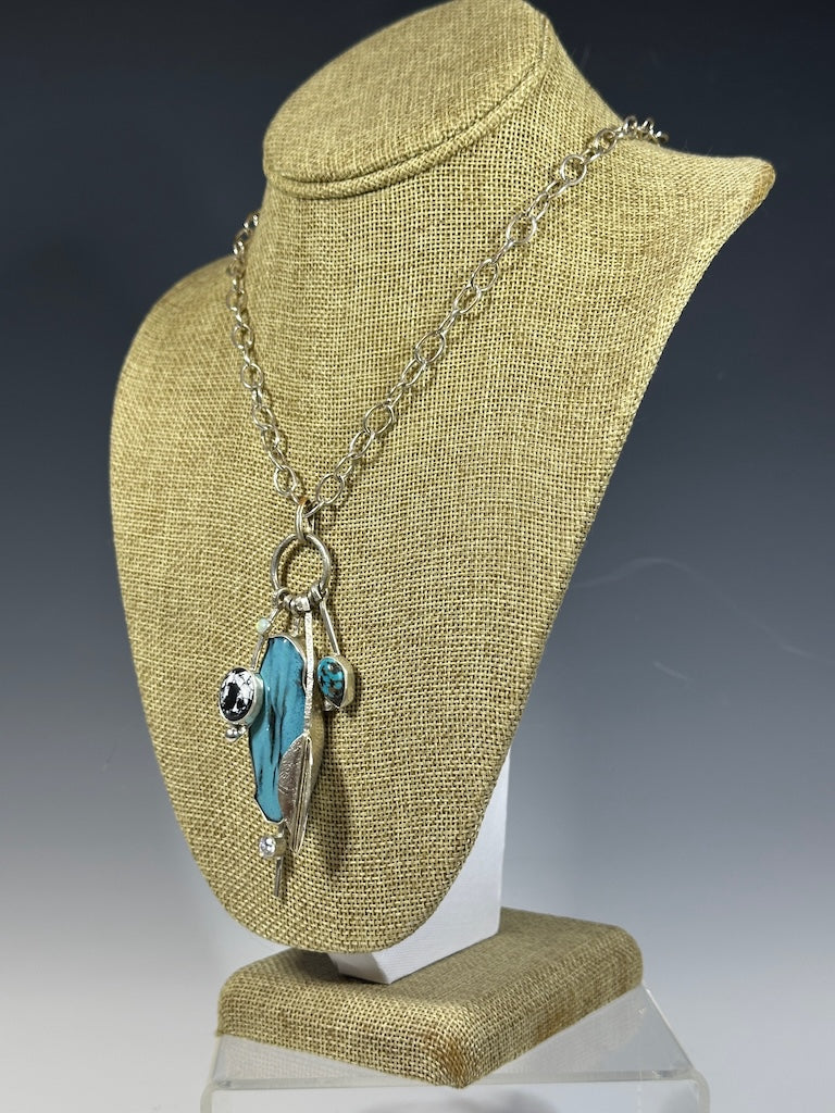 BLUE ENAMEL CHARM NECKLACE WITH WHITE BUFFALO, TURQUOISE, WHITE SAPPHIRE AND OPAL WK105