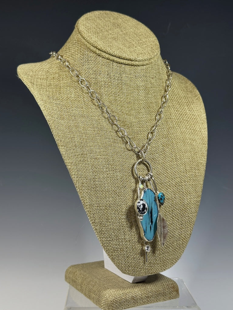 BLUE ENAMEL CHARM NECKLACE WITH WHITE BUFFALO, TURQUOISE, WHITE SAPPHIRE AND OPAL WK105
