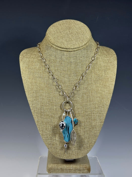 BLUE ENAMEL CHARM NECKLACE WITH WHITE BUFFALO, TURQUOISE, WHITE SAPPHIRE AND OPAL WK105