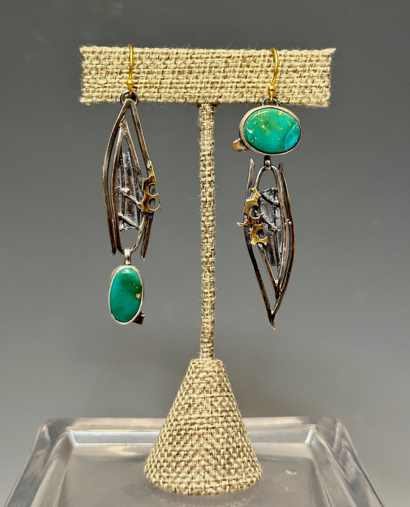 ASYMMETRICAL GREEN TURQUOISE STERLING SILVER EARRINGS  WITH GOLD WIRES WK11