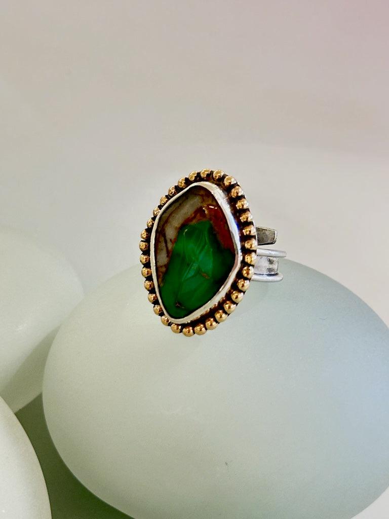 GREEN AND WHITE ROYSTON TURQUOISE RING WITH 14K GOLD FILLED BEADED WIRE WK120