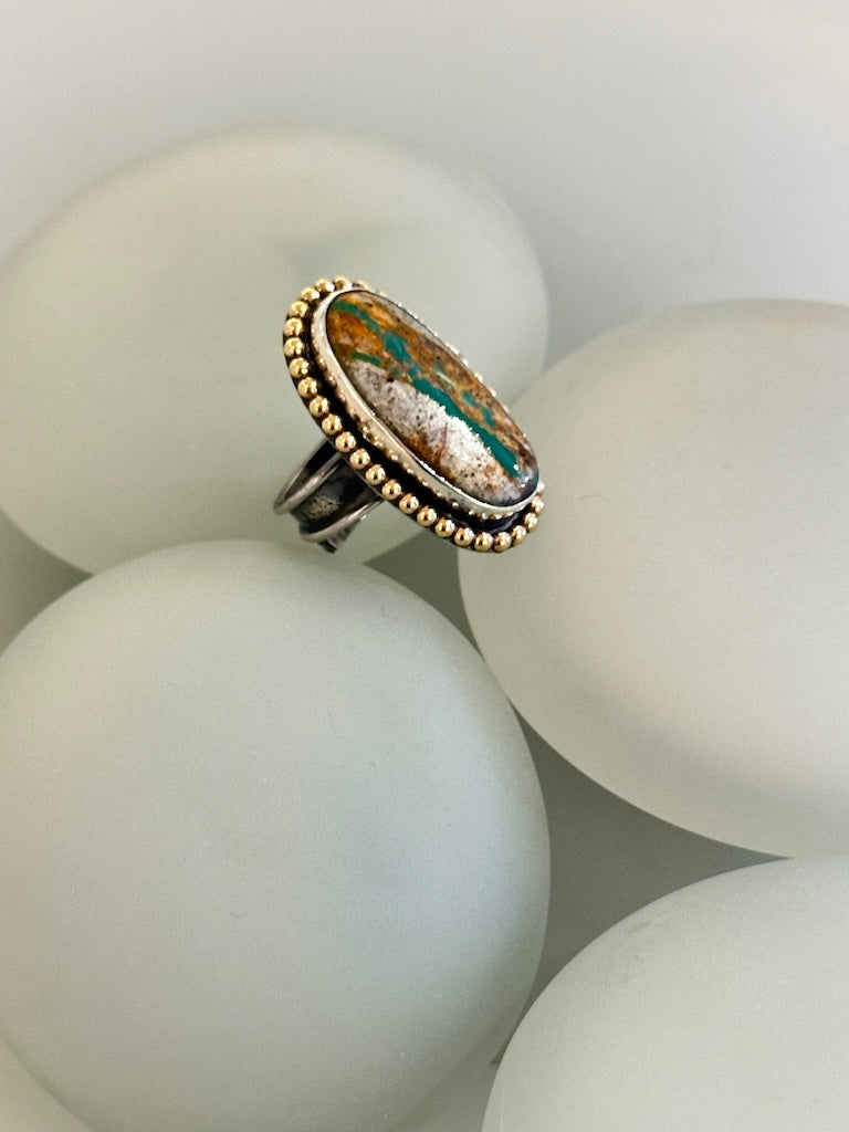 LARGE OVAL RIBBON TURQUOISE RING WITH 14K GOLD FILLED BEADED WIRE WK123