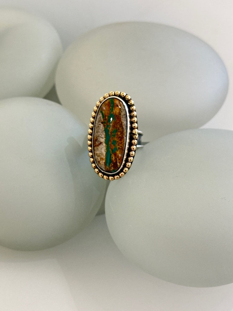 LARGE OVAL RIBBON TURQUOISE RING WITH 14K GOLD FILLED BEADED WIRE WK123